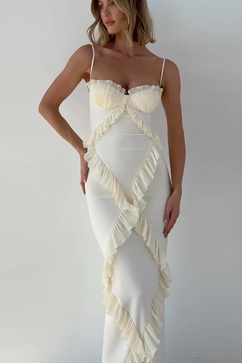 Ruffled Patchwork Spaghetti Strap Bodycon Maxi Dresses-Beige-Hayhty.All Rights Reserved.
