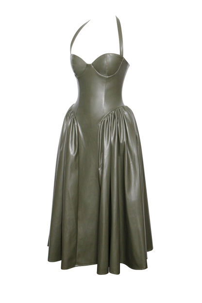 Halter Neck Corset Design Pleated Vegan Leather Midi Dresses-Olive-Hayhty.All Rights Reserved.