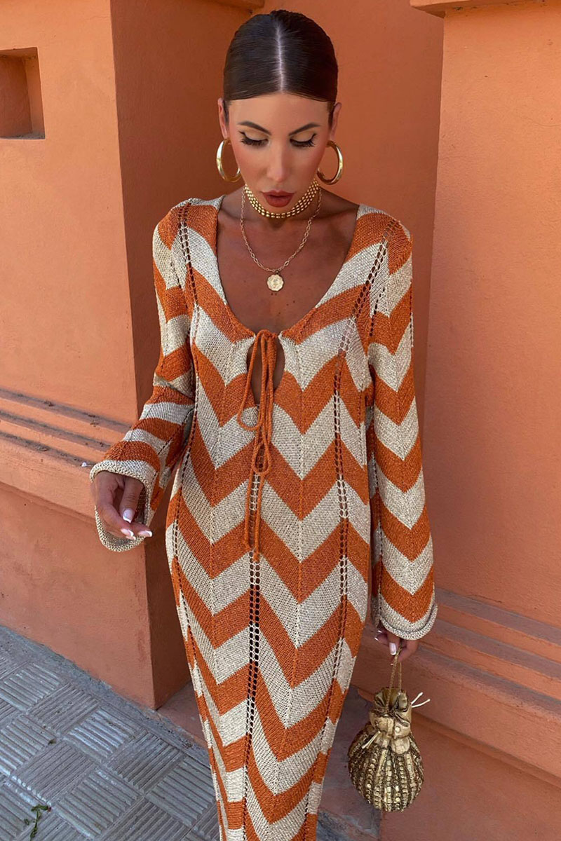 Colorblock Wavy Crochet Long Sleeve Vacation Cover-Up Maxi Dresses-Black-Hayhty.All Rights Reserved.