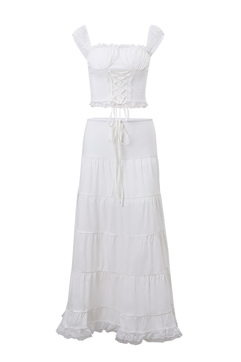 Lace Trim Front Lace Up Wide Strap Crop Top Ruffled Hemline Maxi Skirt Matching Set-White-Hayhty.All Rights Reserved.