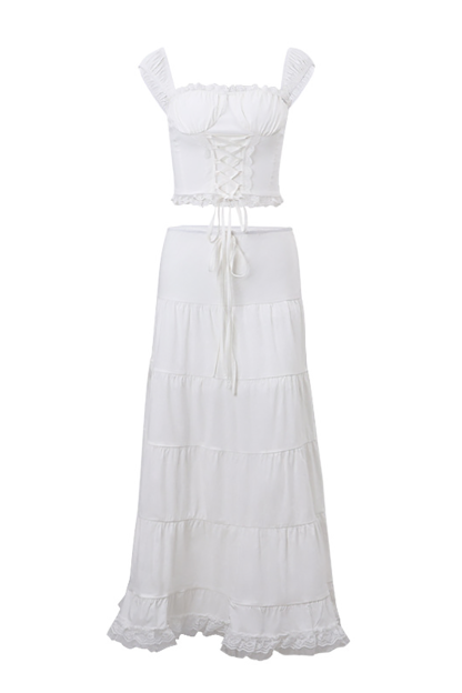 Lace Trim Front Lace Up Wide Strap Crop Top Ruffled Hemline Maxi Skirt Matching Set-White-Hayhty.All Rights Reserved.