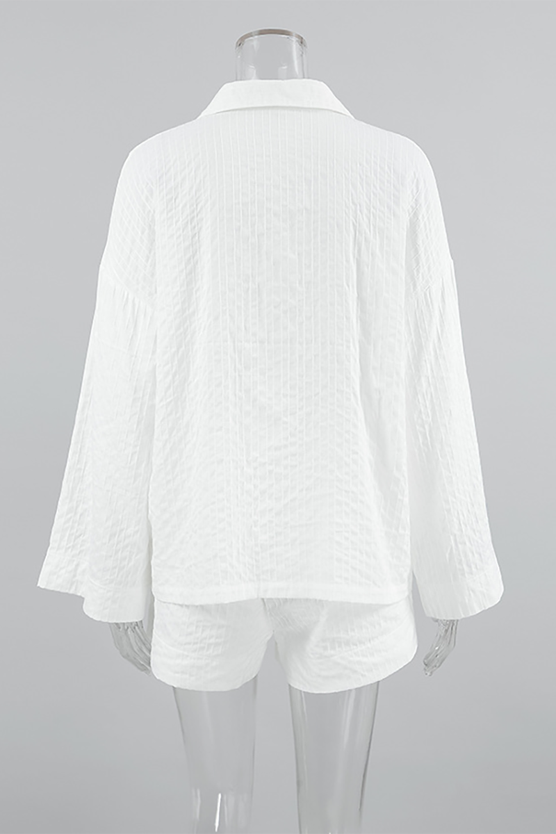 Striped Print Long Sleeve Loose Fit Blouse Casual Shorts Matching Set-White-Hayhty.All Rights Reserved.
