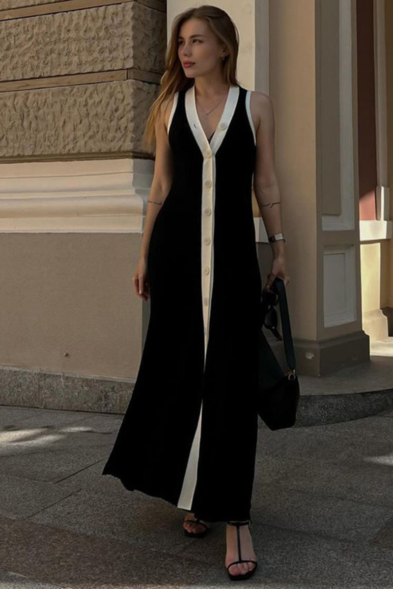 Colorblock Button-Up V Neck Sleeveless Knit Maxi Dresses-White-Hayhty.All Rights Reserved.