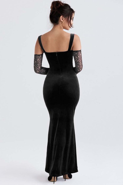 Cold Shoulder Lace Sleeve Bodycon Velvet Formal Party Maxi Dresses-Hayhty.All Rights Reserved.