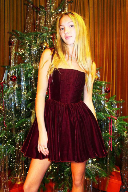 Velvet A-Line Pleated Square Neck Slip Mini Dresses-Hayhty.All Rights Reserved.