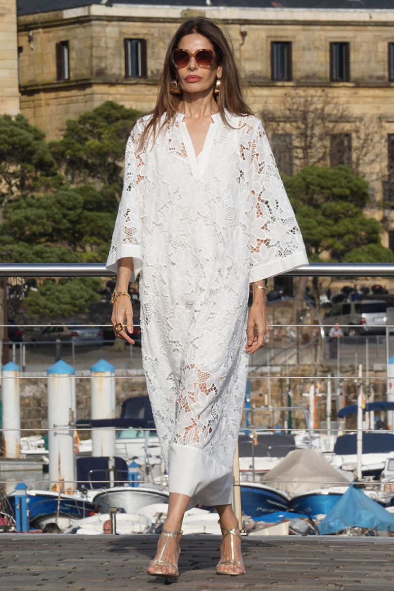 V Neck 3/4 Sleeve Floral Pattern Lace Loose Fit Cover Ups Midi Dresses-White-Hayhty.All Rights Reserved.
