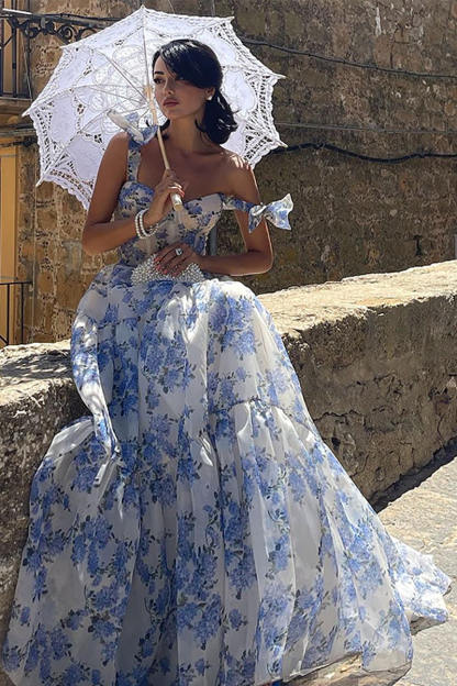 Floral Print Tie Up Cami Cinch Waist Tulle Elegant Gowns Maxi Dresses-Blue-Hayhty.All Rights Reserved.