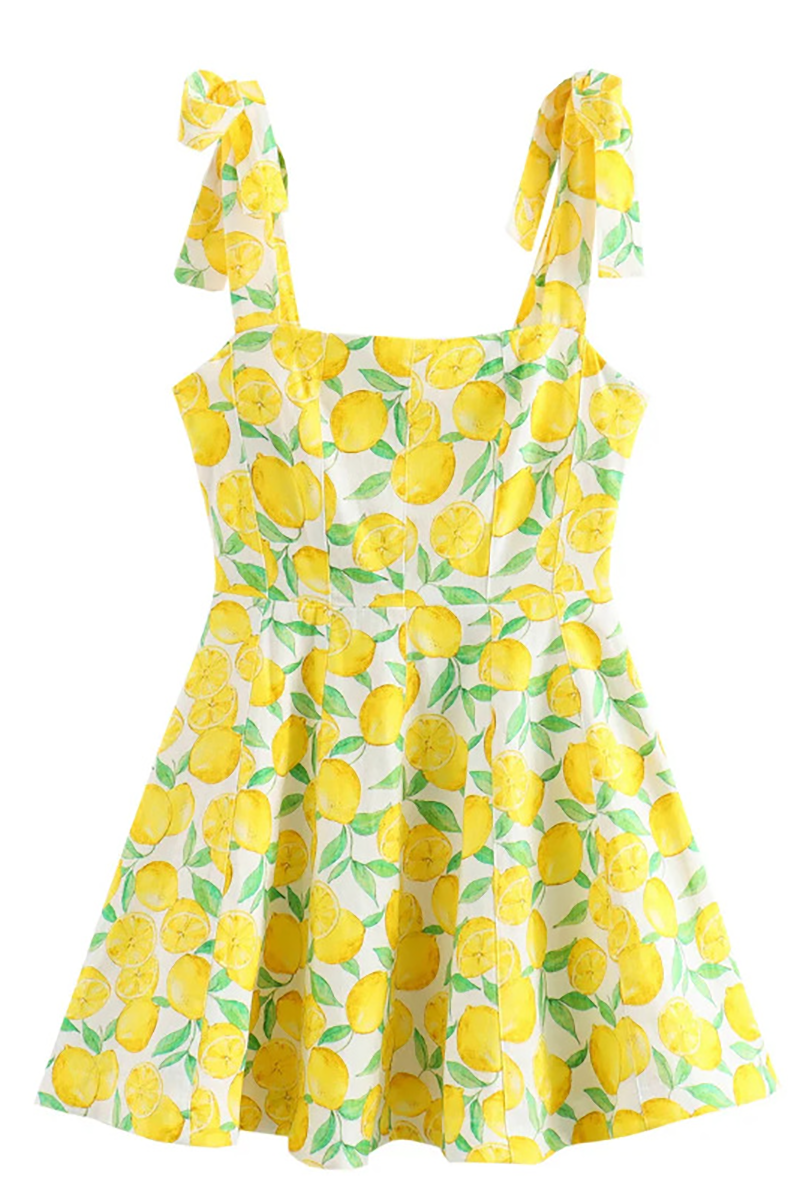 Lemons Print Boat Neck Tie Up Shoulder Straps A-Line Mini Dresses-Yellow-Hayhty.All Rights Reserved.