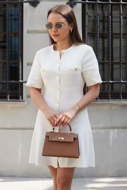 Knit Round Neck Short Sleeve Button Up Plain Mini Dresses-White-Hayhty.All Rights Reserved.