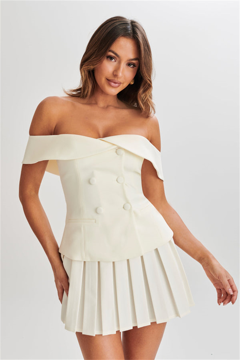 Off Shoulder Double Breasted Top Pleated Mini Skirt Matching Set-Burgundy-Hayhty.All Rights Reserved.
