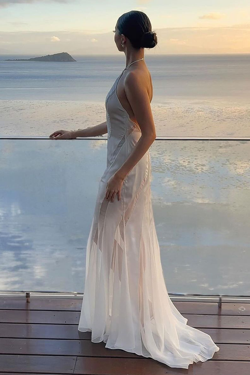 Halter Satin Sheer Chiffon Patchwork Mermaid Maxi Dresses-White-Hayhty.All Rights Reserved.