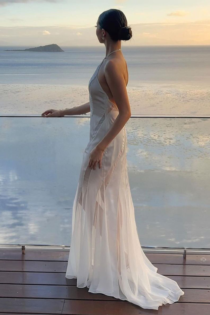 Halter Satin Sheer Chiffon Patchwork Mermaid Maxi Dresses-White-Hayhty.All Rights Reserved.