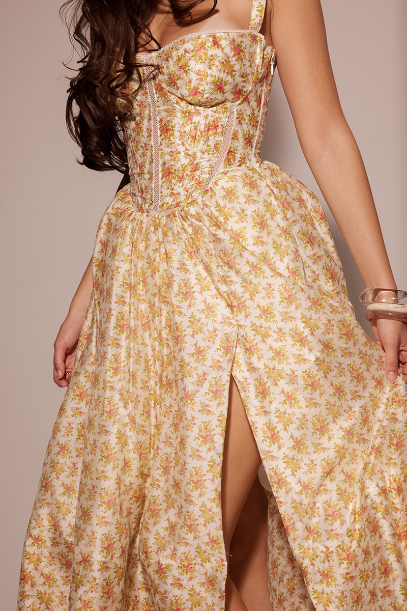 Floral Print Corset Lace Up Split Vacation Midi Dresses-Yellow-Hayhty.All Rights Reserved.
