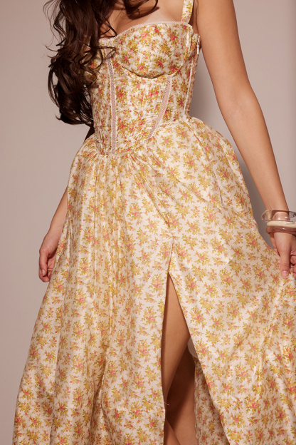 Floral Print Corset Lace Up Split Vacation Midi Dresses-Yellow-Hayhty.All Rights Reserved.