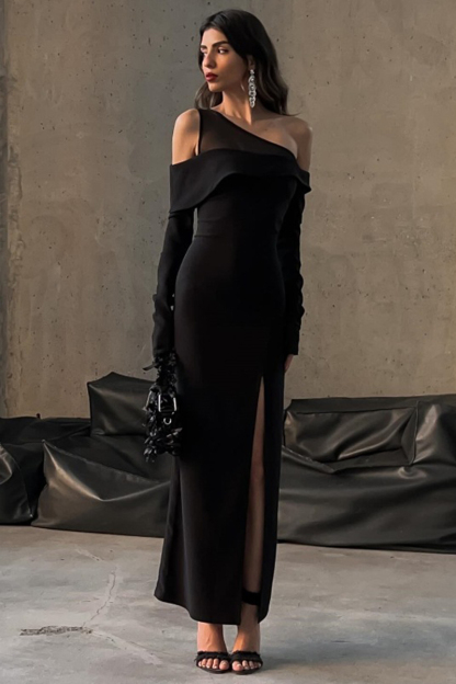 Mesh Patchwork One Shoulder Long Sleeve High Slit Maxi Dresses-Black-Hayhty.All Rights Reserved.