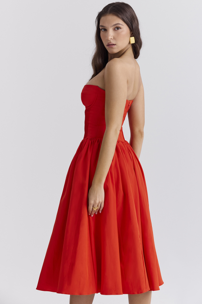 Strapless Corset Pleated Hem Prom Party Midi Dresses-Red-Hayhty.All Rights Reserved.