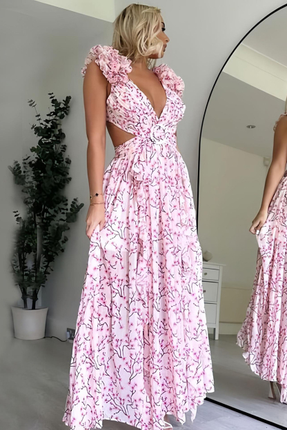 Deep V Neck Slim Ruffled Shoulder Backless Tied Up Cutout Floral Print Vacation Maxi Dresses-Hayhty.All Rights Reserved.