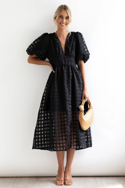V Neck Lantern Short Sleeve Button Slit Mesh Plaid Vacation Midi Dress-Hayhty.All Rights Reserved.