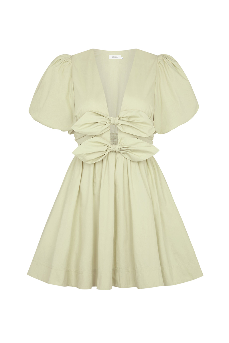 Deep V Neck Puff Sleeve Front Bow A-Line Mini Dresses-Green-Hayhty.All Rights Reserved.