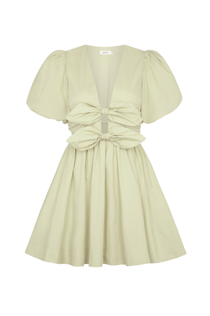 Deep V Neck Puff Sleeve Front Bow A-Line Mini Dresses-Green-Hayhty.All Rights Reserved.