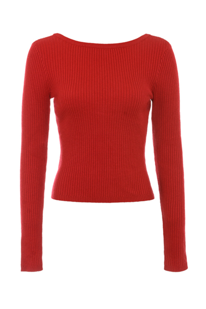 Pit Knit Long Sleeve Ribbon Back Crop Top Solid Midi Skirt Matching Set-Red-Hayhty.All Rights Reserved.