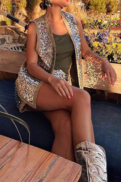 Sparkling Sequin Vest Slim Fit Mini Skirt Matching Set-Silver-Hayhty.All Rights Reserved.