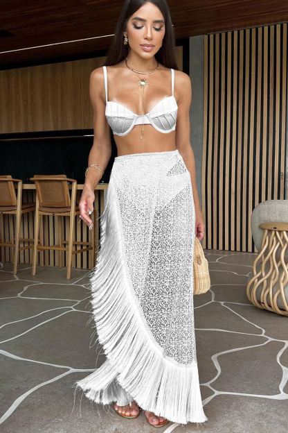 Cami Bra Fringe Lace Cover Ups Maxi Skirt Bikini Three-Piece Set-Beige-Hayhty.All Rights Reserved.