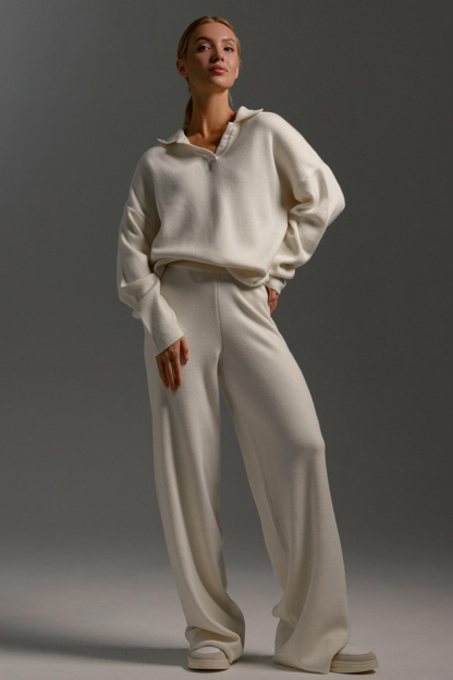 Knit Turndown Collar Sweater Plain Wide Leg Pants Matching Set-Beige-Hayhty.All Rights Reserved.