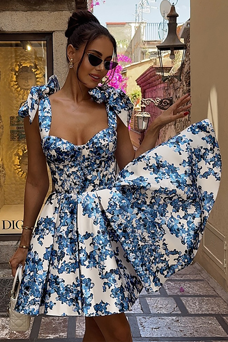 Floral Print Tie Up Shoulder Straps Corset A-Line Mini Dresses-Blue-Hayhty.All Rights Reserved.