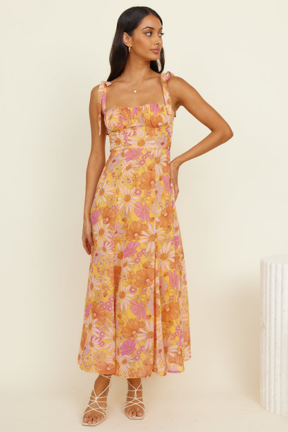Floral Print Boat Neckline Tie Up Wide Strap A-Line Midi Dresses-Orange-Hayhty.All Rights Reserved.