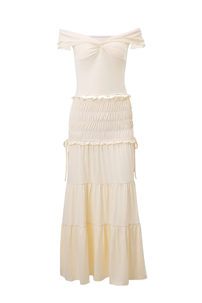 Deep V Neck Twisted Crop Top Ruched Maxi Skirt Matching Set-Beige-Hayhty.All Rights Reserved.