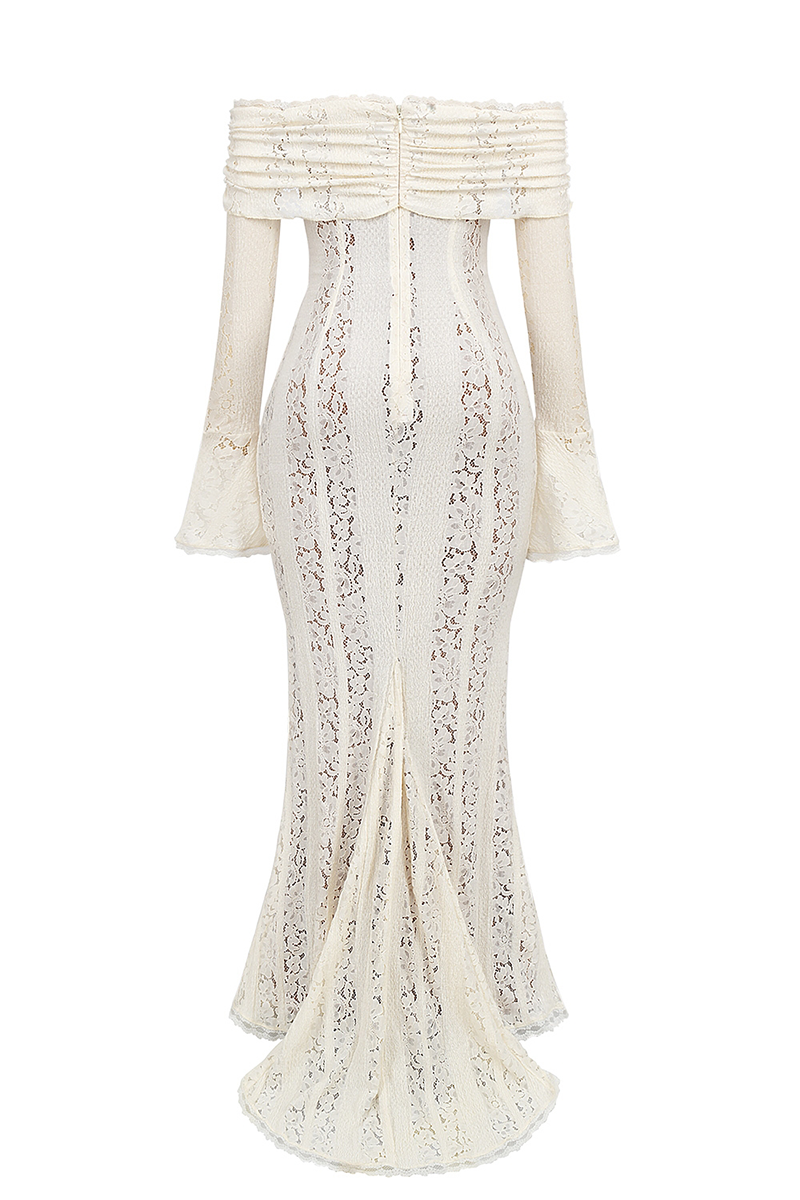 Floral Lace Off Shoulder Flare Sleeve Fishtail Maxi Dresses-White-Hayhty.All Rights Reserved.