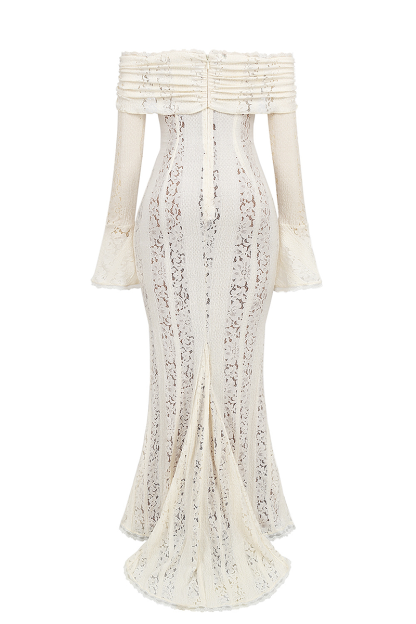 Floral Lace Off Shoulder Flare Sleeve Fishtail Maxi Dresses-White-Hayhty.All Rights Reserved.