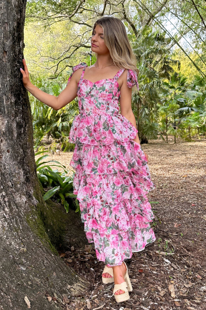 Floral Print Tie Up Cami Tiered Ruffled Hem Midi Dresses-Pink-Hayhty.All Rights Reserved.