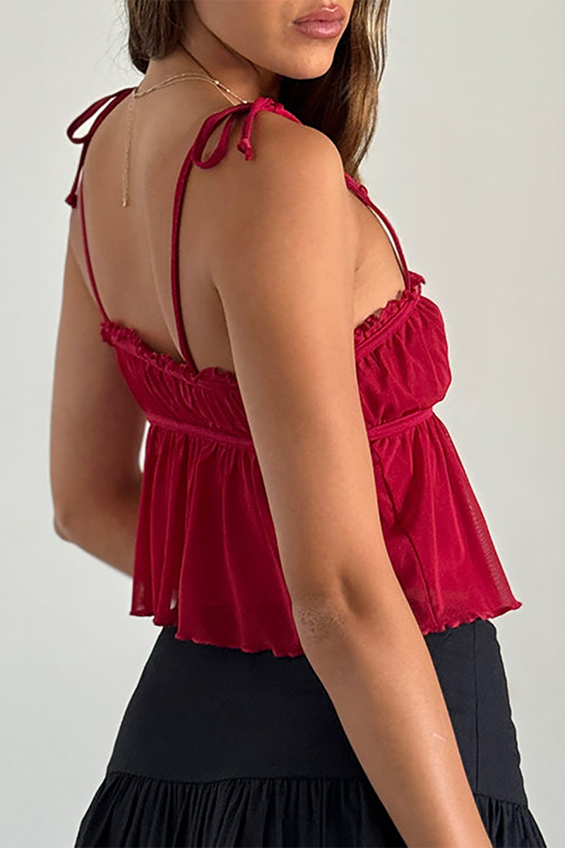 Tie Up Shoulder Straps Frilled A-Line Crop Top-Off White-Hayhty.All Rights Reserved.