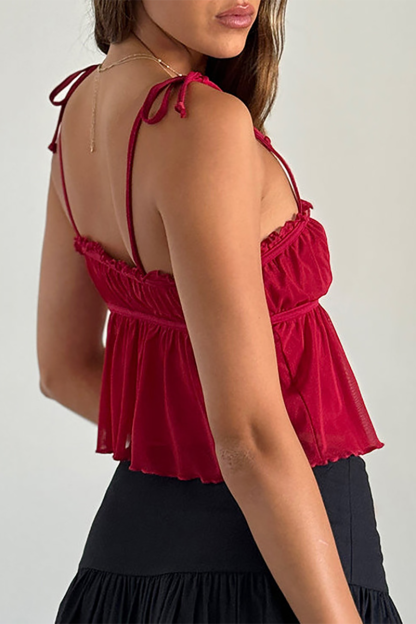 Tie Up Shoulder Straps Frilled A-Line Crop Top-Off White-Hayhty.All Rights Reserved.