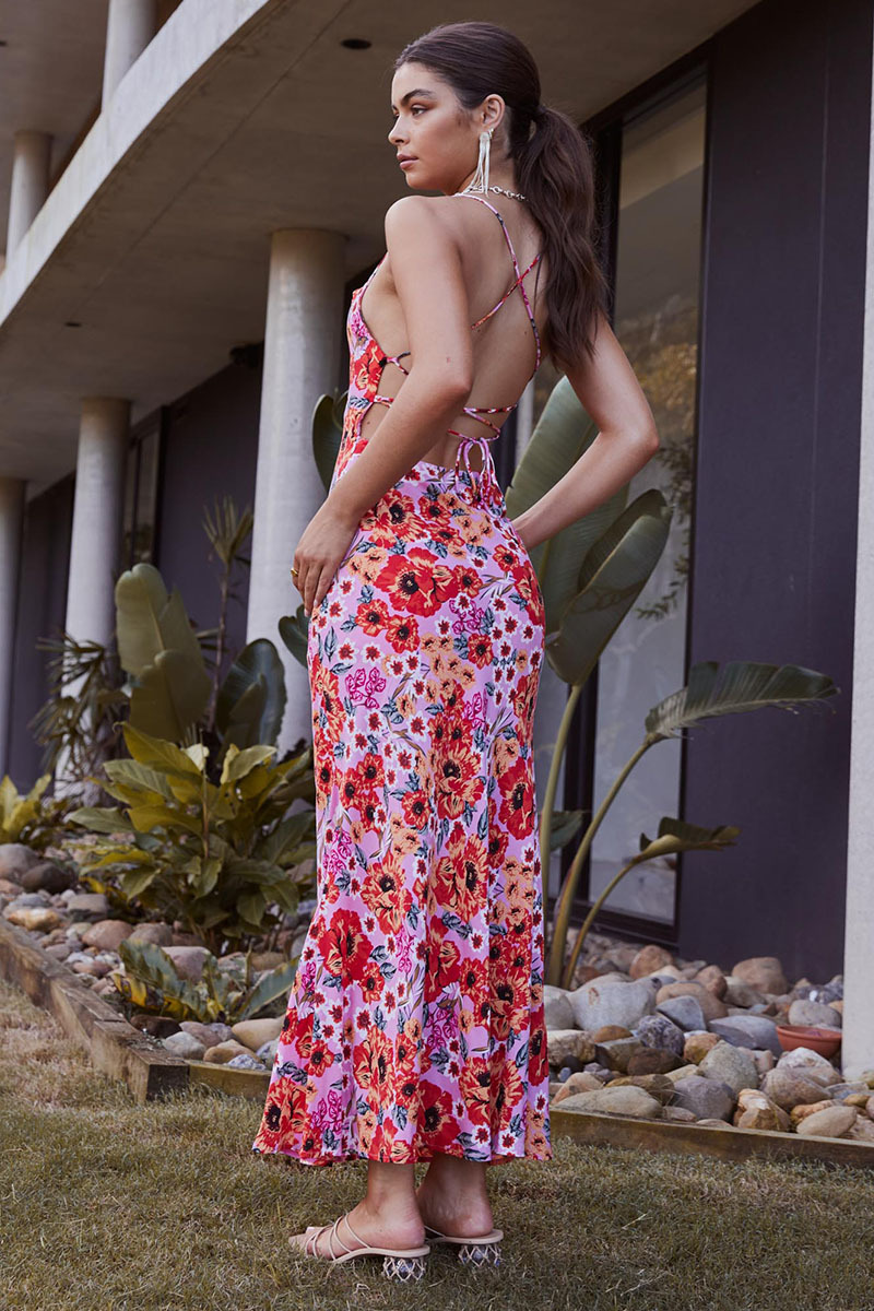 Cross Cami Boat Neck Backless Tied Up Floral Print Vacation Slim Maxi Dresses-Hayhty.All Rights Reserved.