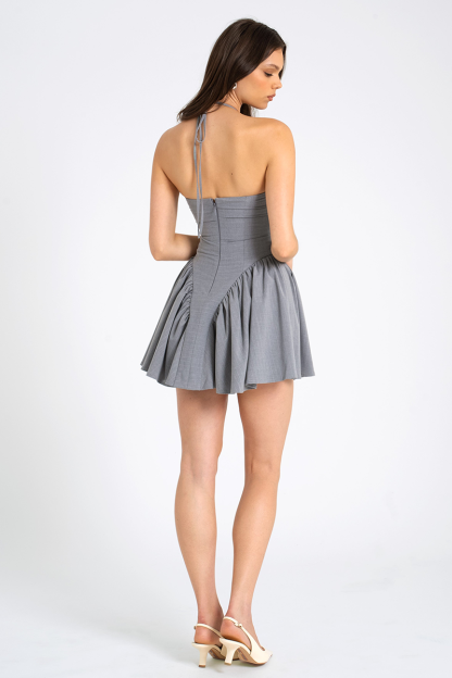 Cinch Waist Button Up Pleated Hem Halter Mini Dresses-Grey-Hayhty.All Rights Reserved.