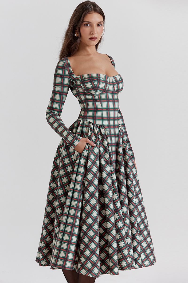 Plaid Pattern Long Sleeve Corset A-Line Pleated Midi Dresses-Red-Hayhty.All Rights Reserved.