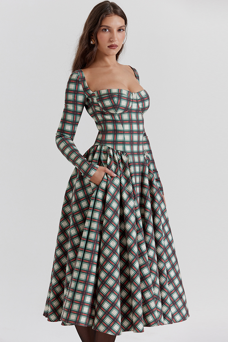 Plaid Pattern Long Sleeve Corset A-Line Pleated Midi Dresses-Red-Hayhty.All Rights Reserved.