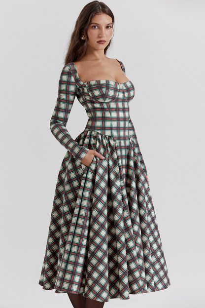 Plaid Pattern Long Sleeve Corset A-Line Pleated Midi Dresses-Red-Hayhty.All Rights Reserved.
