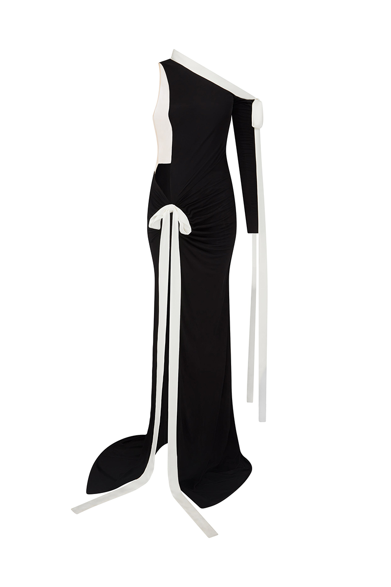 One Shoulder Long Sleeve Bow Slit Knit Slip Maxi Dresses-Black-Hayhty.All Rights Reserved.
