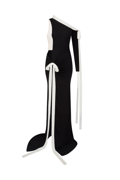 One Shoulder Long Sleeve Bow Slit Knit Slip Maxi Dresses-Black-Hayhty.All Rights Reserved.