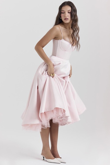 Elegant Cinch Waist Party Bridesmaid Tulle Layered Midi Slip Dresses-Pink-Hayhty.All Rights Reserved.
