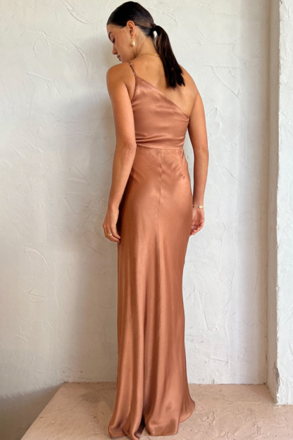 One Shoulder High Slit Ruched Evening Gown Cami Maxi Dress-Hayhty.All Rights Reserved.