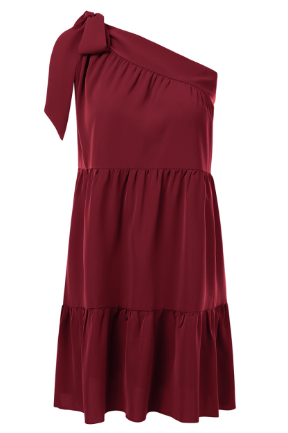One Shoulder Sleeveless Bow Pleated Tiered Hem Vacation Mini Dress-Hayhty.All Rights Reserved.