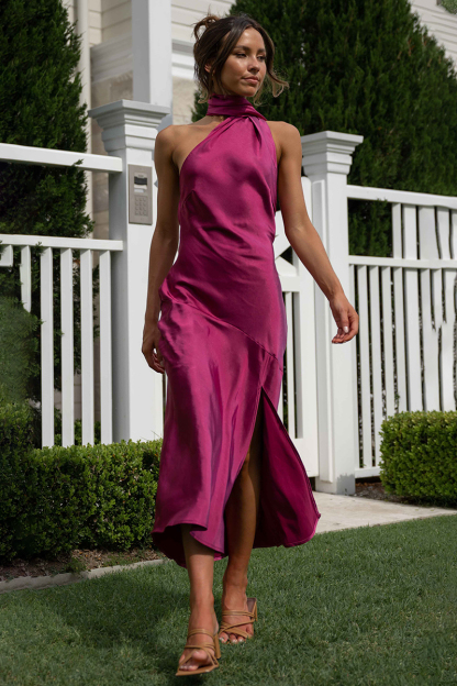 High Halter Open Back Slit Midi Dresses-Hayhty.All Rights Reserved.