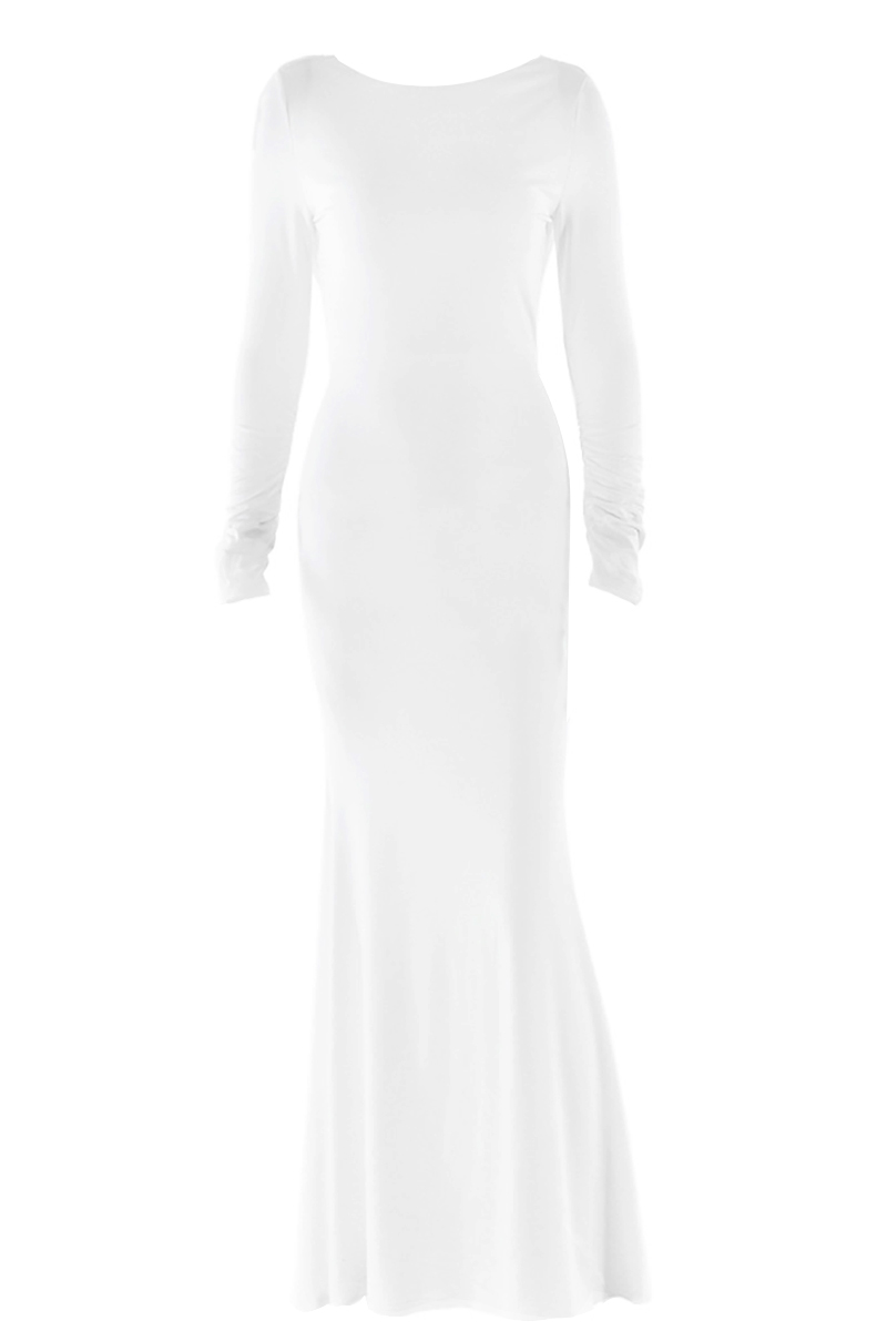 Open Back Long Sleeve Solid Color Ruched Bodycon Fishtail Maxi Dresses-White-Hayhty.All Rights Reserved.