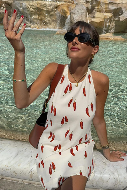 Pepper Pattern Halter Neck Open Back Loose Fit Mini Dresses-White-Hayhty.All Rights Reserved.