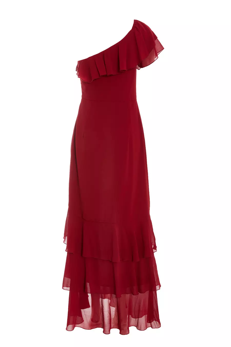 Sleeveless One Shoulder Ruffled Chiffon Maxi Dresses-Red-Hayhty.All Rights Reserved.